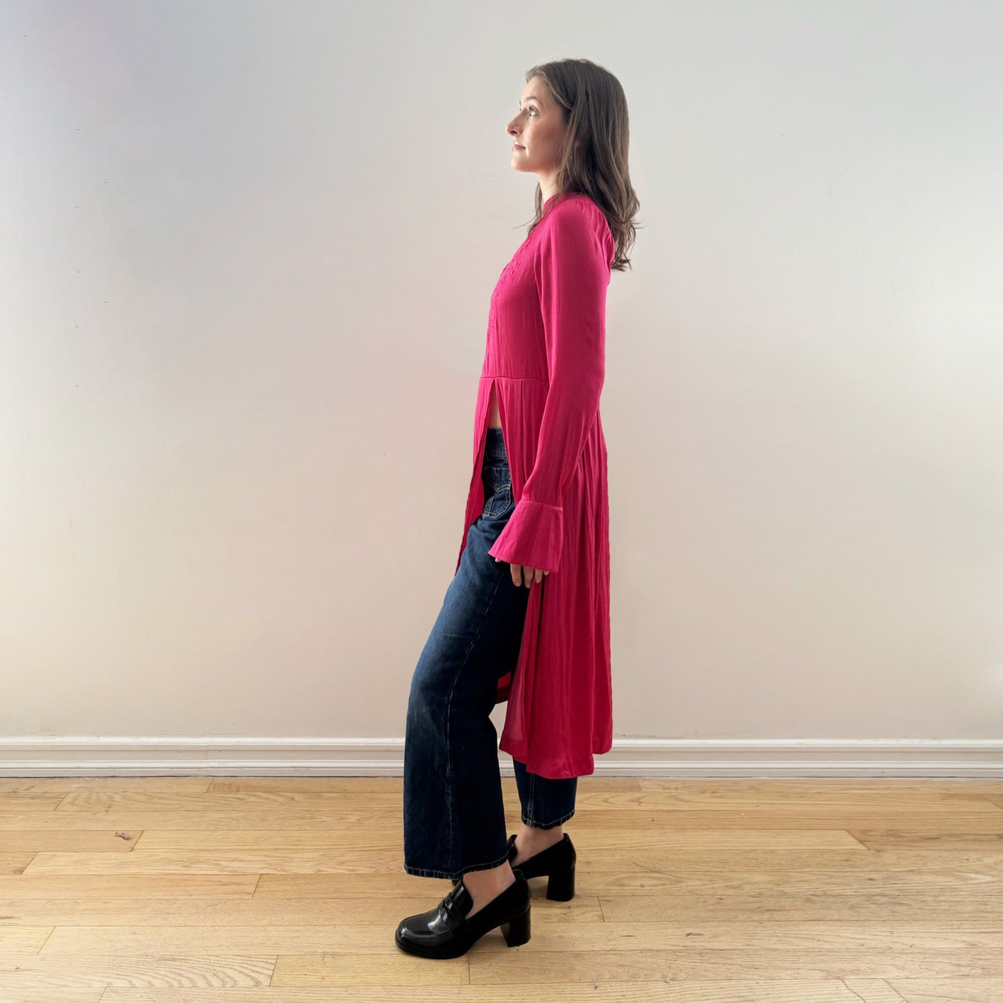 Pink Embroidered Hip-Slit Dress